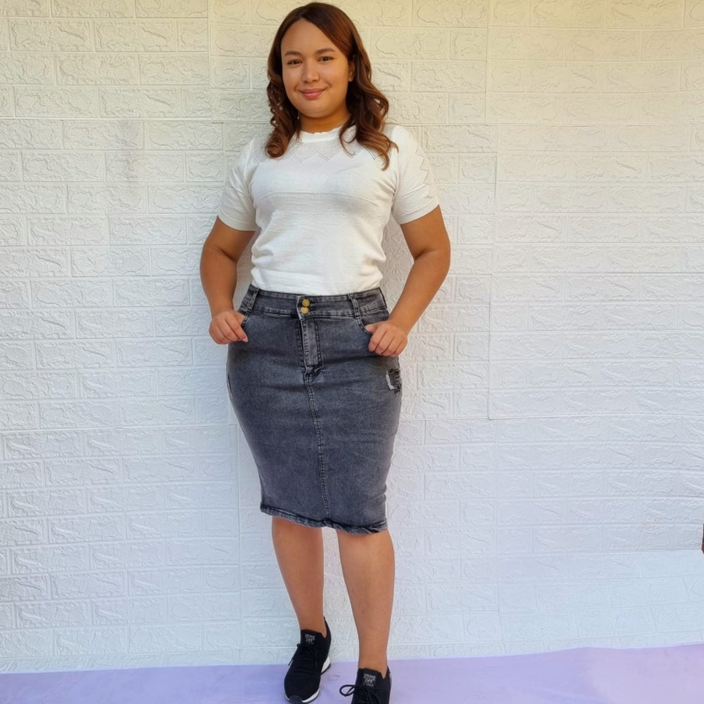 Falda de Mezclilla Gris Parche y Pluma