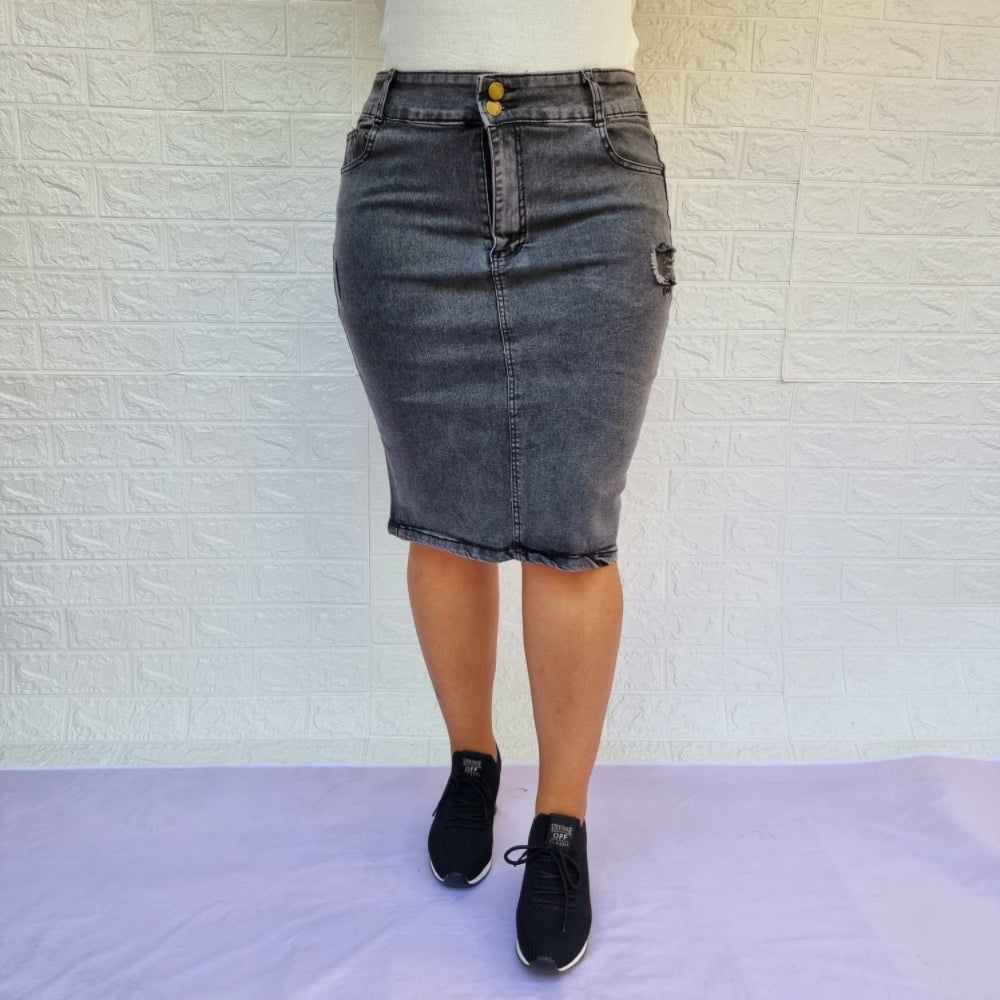 Falda de Mezclilla Gris Parche y Pluma
