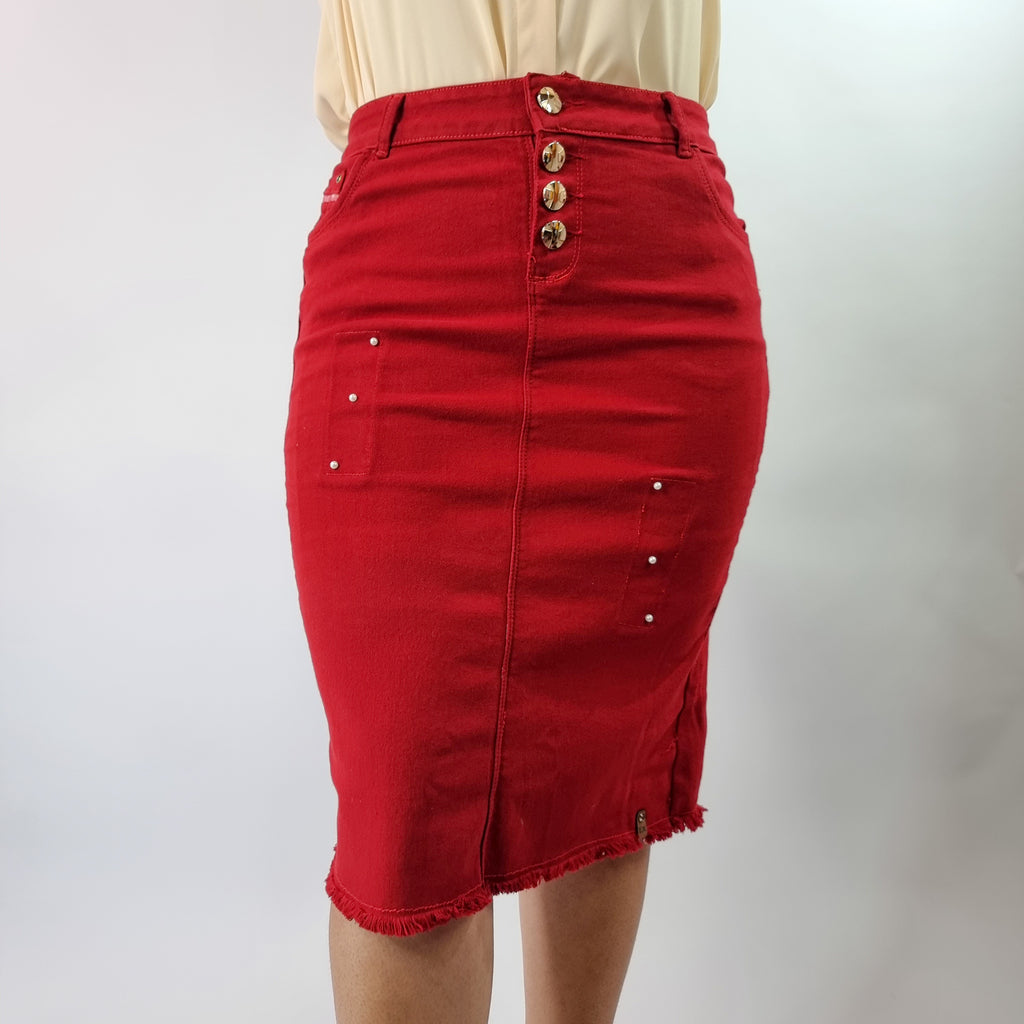 Falda de Mezclilla Roja - Perlas
