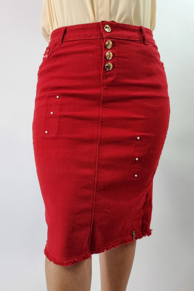 Falda de Mezclilla Roja - Perlas